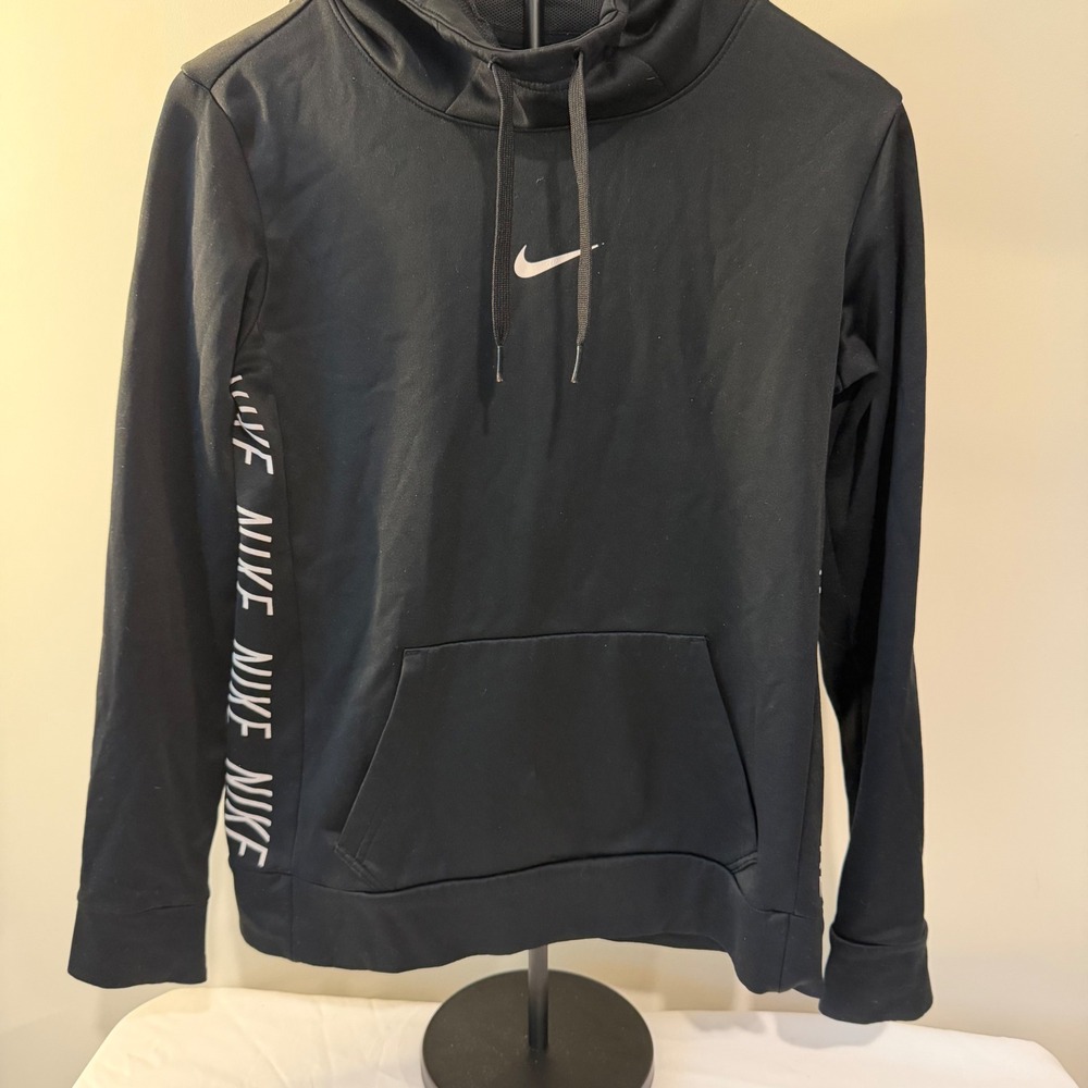 Nike Therma-FIT Womens Black Pullover Hoodie Side Logo Tape Sweatshirt